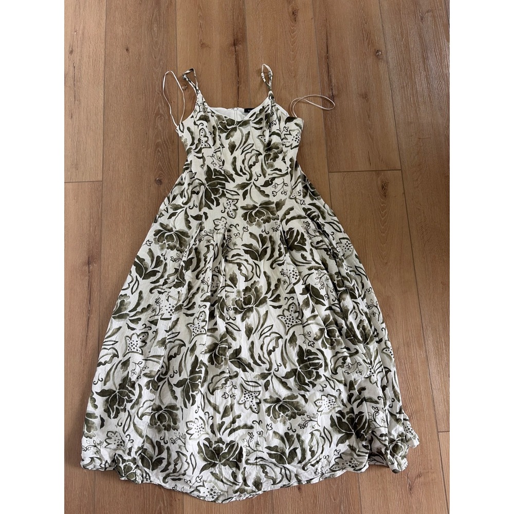 MSK Women Olive Green White Floral Linen Blend Midi Dress Adjustable Medium